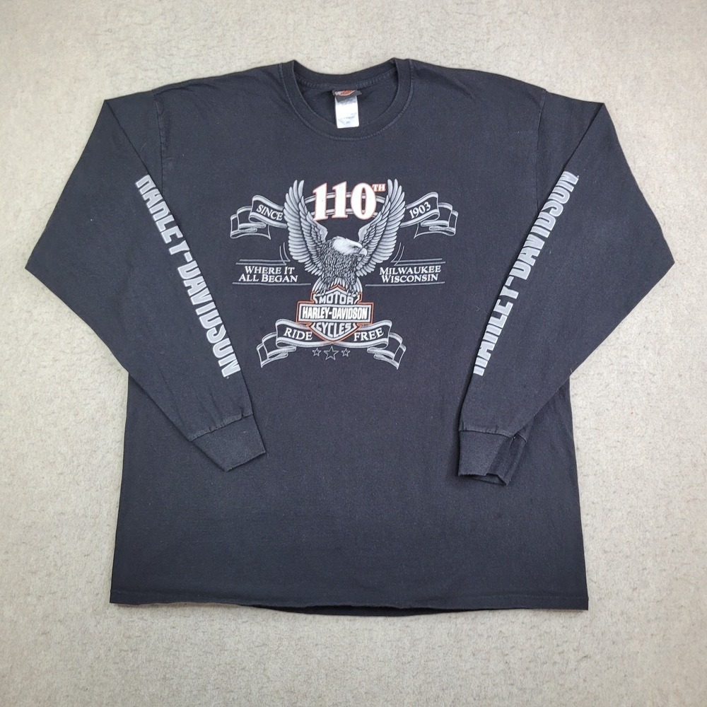Harley Davidson 110th‎ Shirt Mens 2XL Black Long Sleeve Biker Tilley